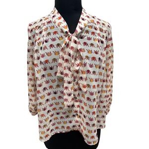 Under Skies Pink Elephant Print Bow Tie Neck Button Down Blouse Size M